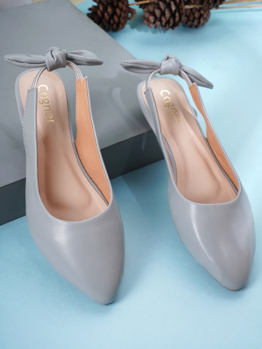 

Cogner Women Grey Bows Synthetic Patent Ballerinas Flats