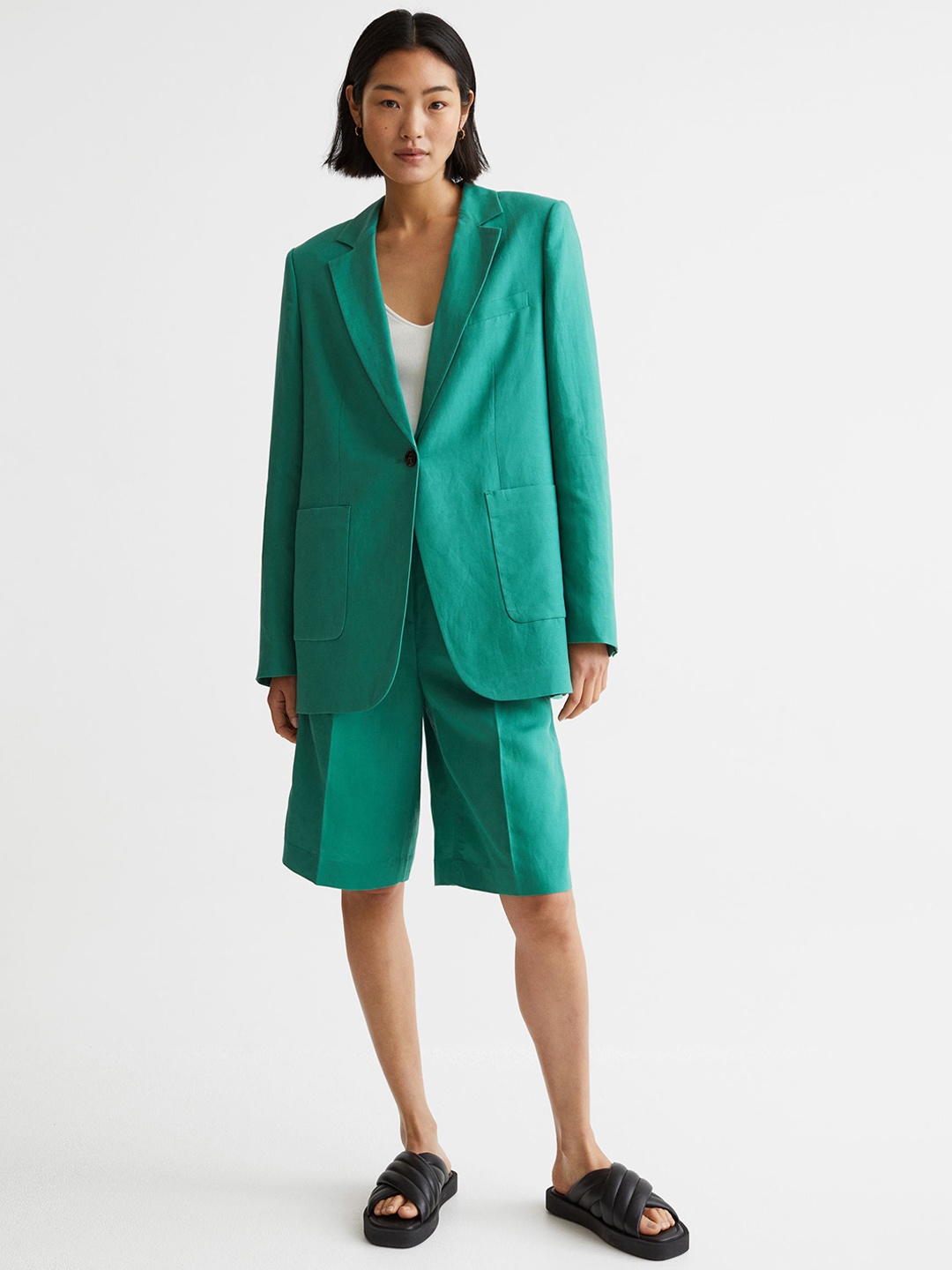 

H&M Women Turquoise Blue Solid Single Breasted Relaxed Fit Blazer