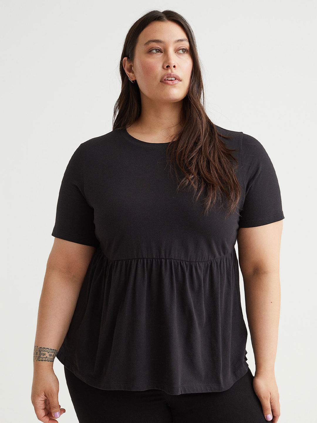 

H&M+ Women Black Solid Cotton Peplum Top