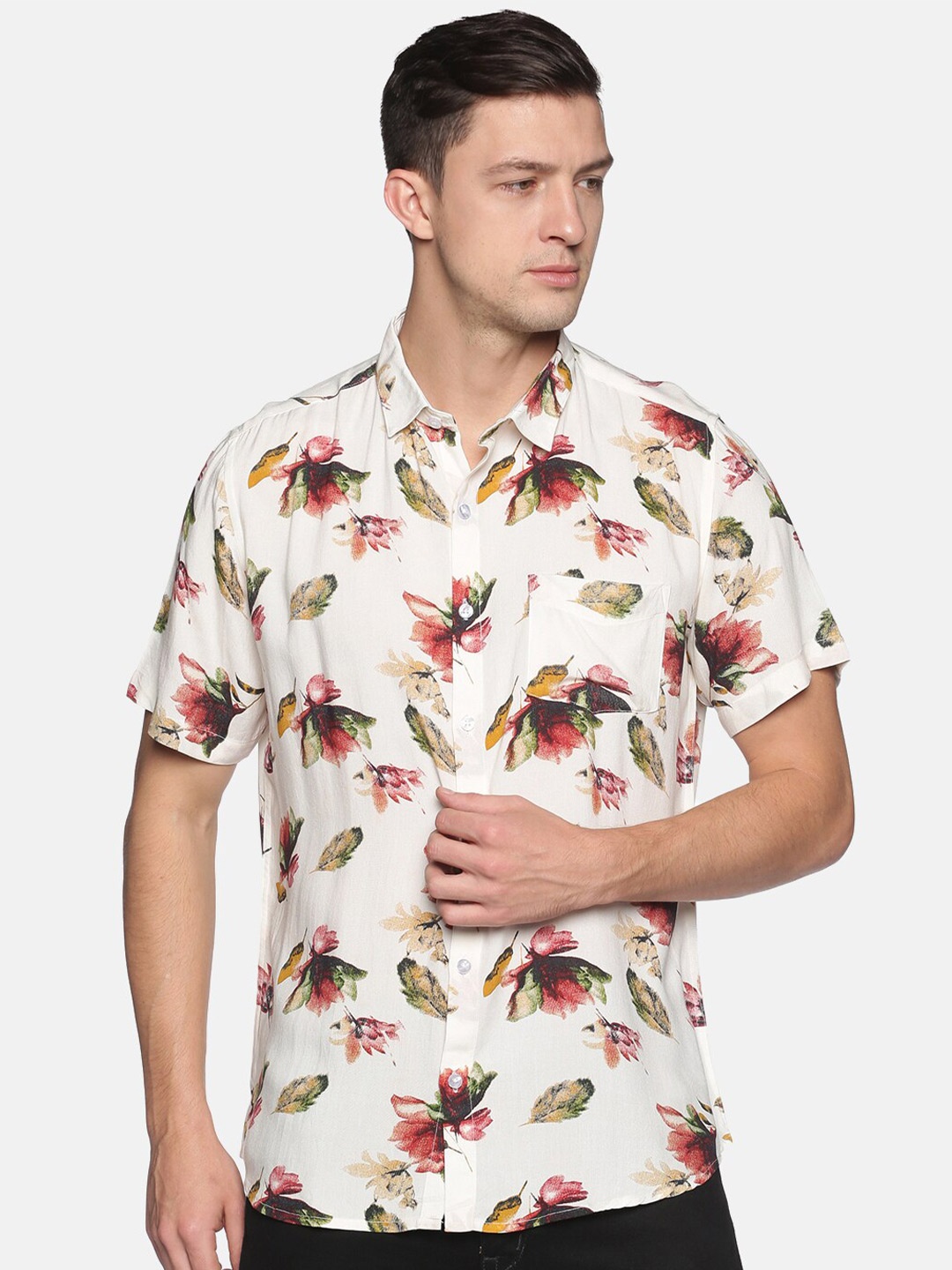 

Tusok Men Cream-Coloured Smart Floral Printed Casual Shirt