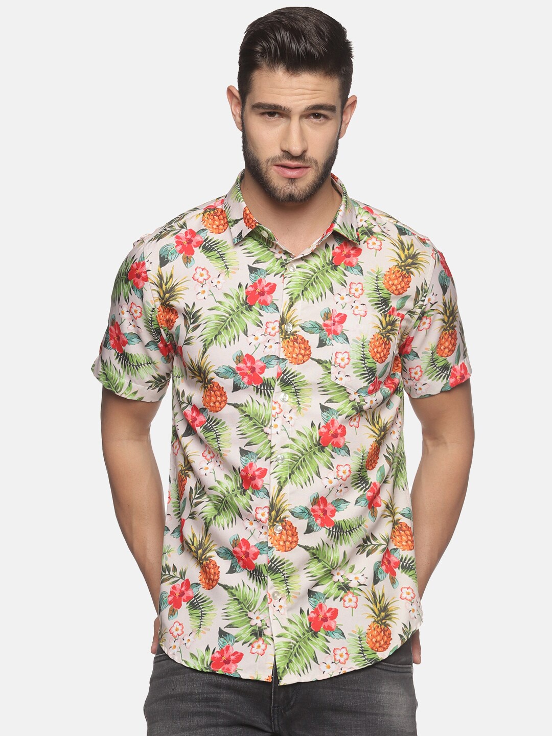 

Tusok Men Beige Smart Floral Printed Casual Shirt
