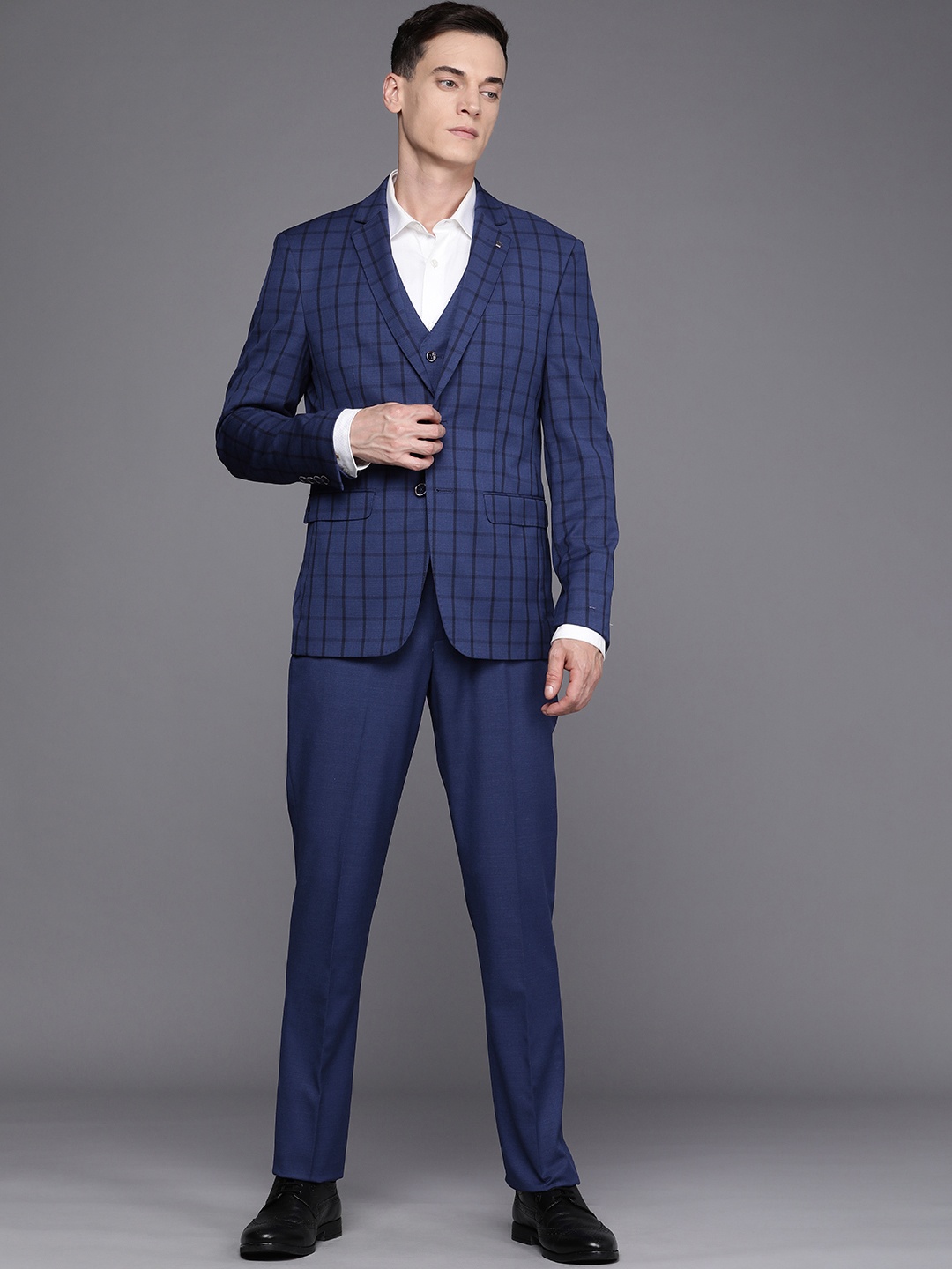 

Louis Philippe Men Blue Checked Slim-Fit Single-Breasted Three-Piece Formal Suit