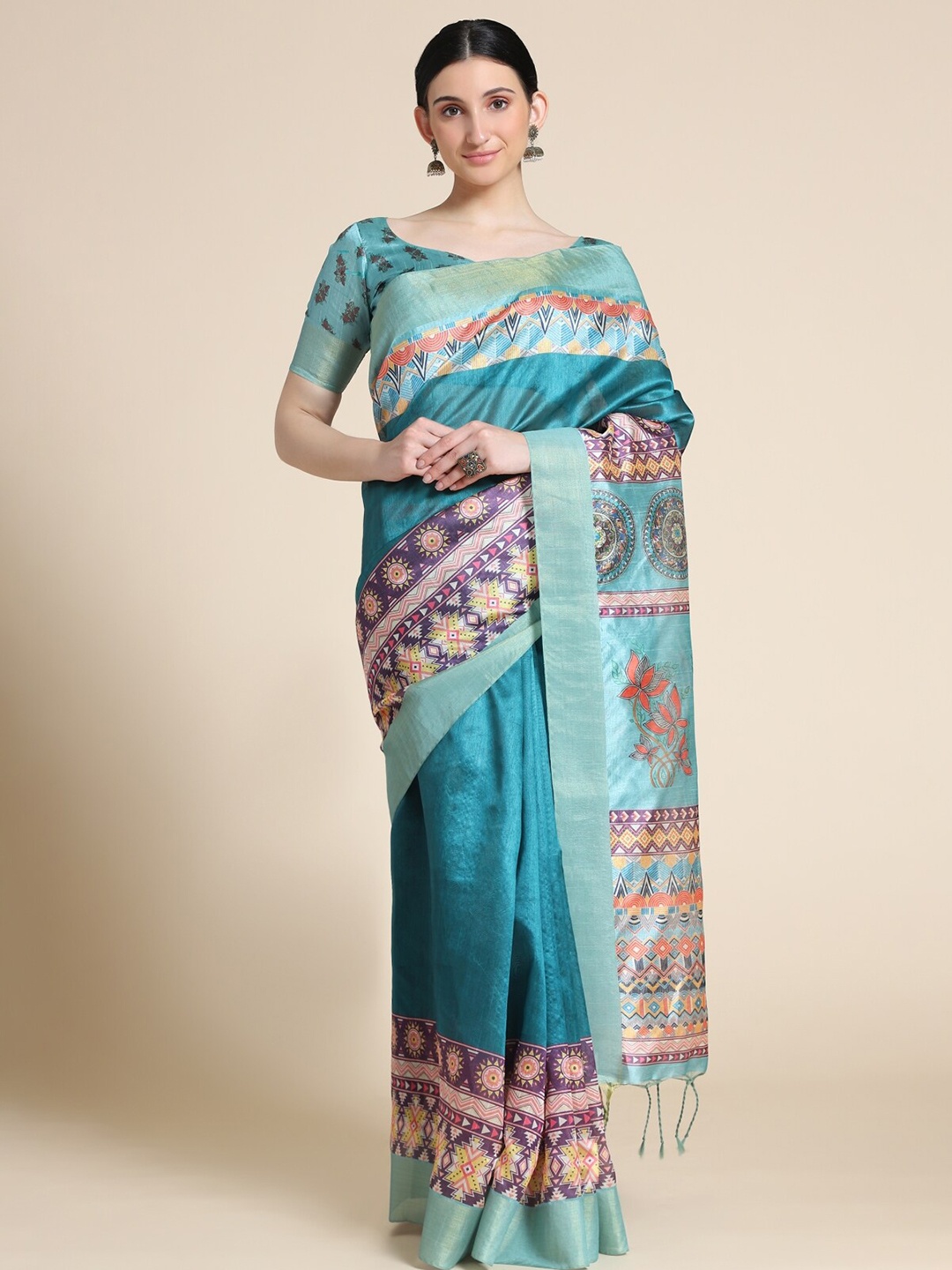 

VISHNU WEAVES Turquoise Blue & Pink Kalamkari Zari Silk Blend Tussar Saree