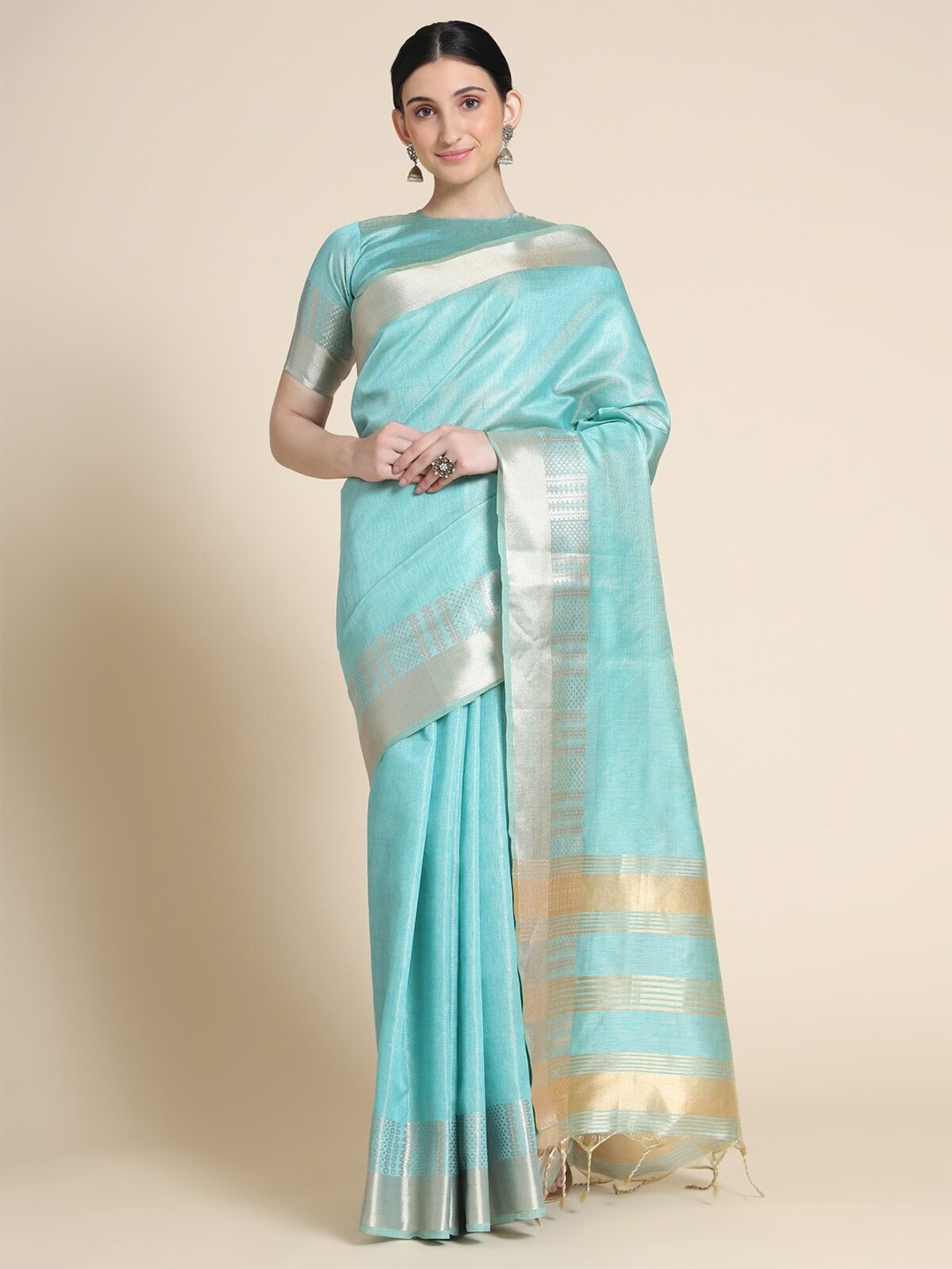 

VISHNU WEAVES Turquoise Blue & Gold-Toned Woven Design Zari Silk Blend Maheshwari Saree