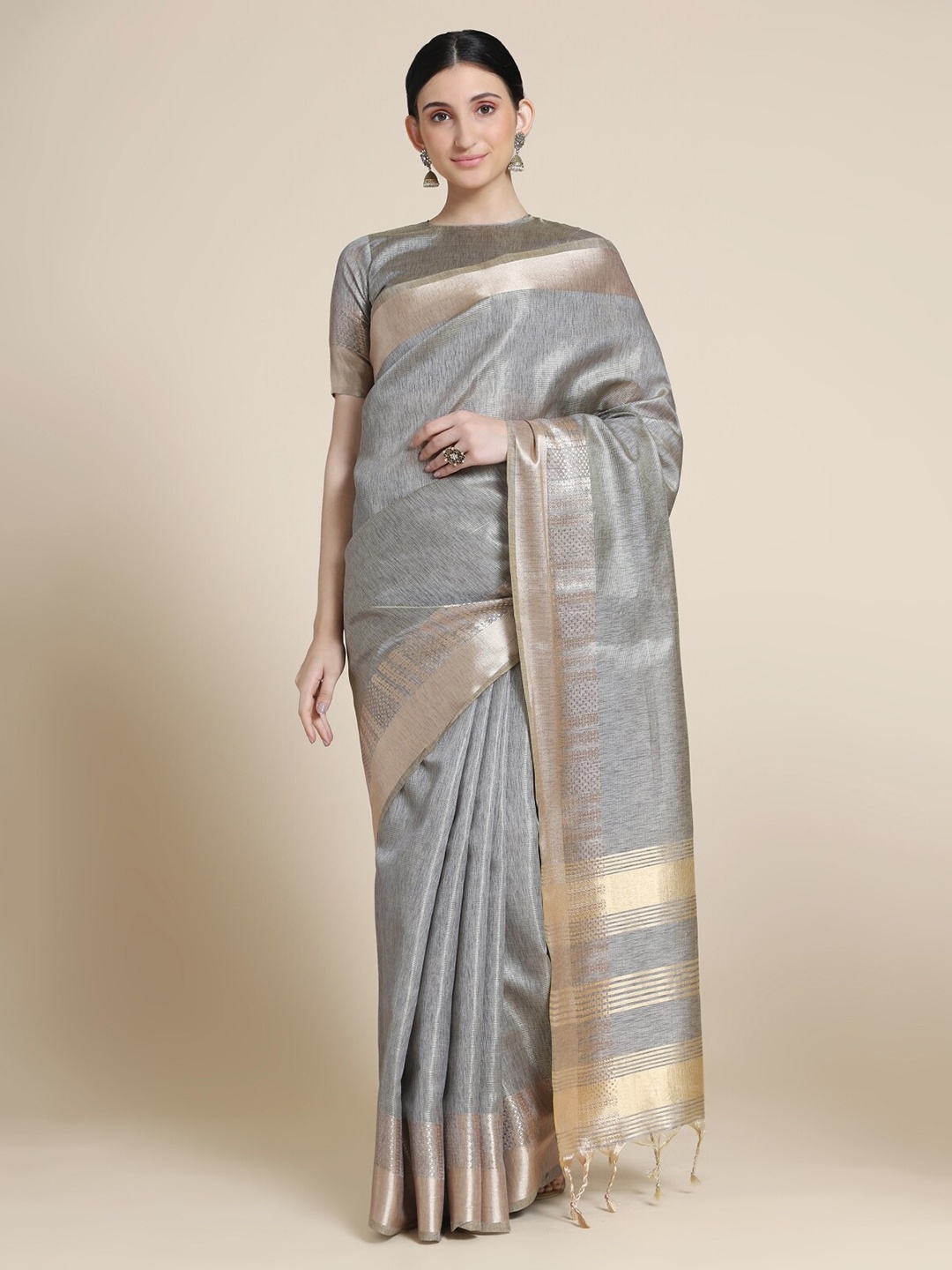 

VISHNU WEAVES Grey & Gold-Toned Woven Design Zari Silk Blend Maheshwari Saree