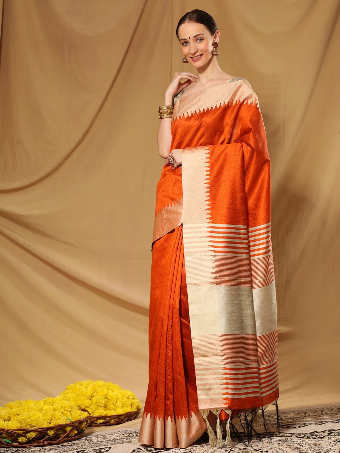 

VISHNU WEAVES Orange & Cream-Coloured Woven Design Bhagalpuri Saree