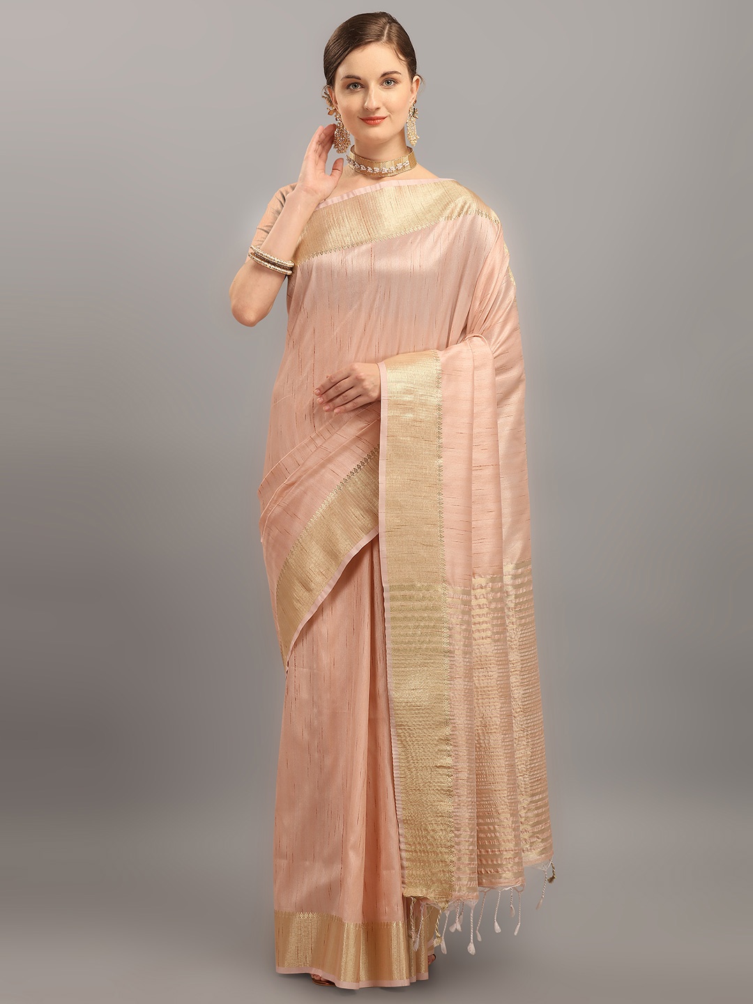 

VISHNU WEAVES Copper-Toned Woven Design Zari Tussar Saree