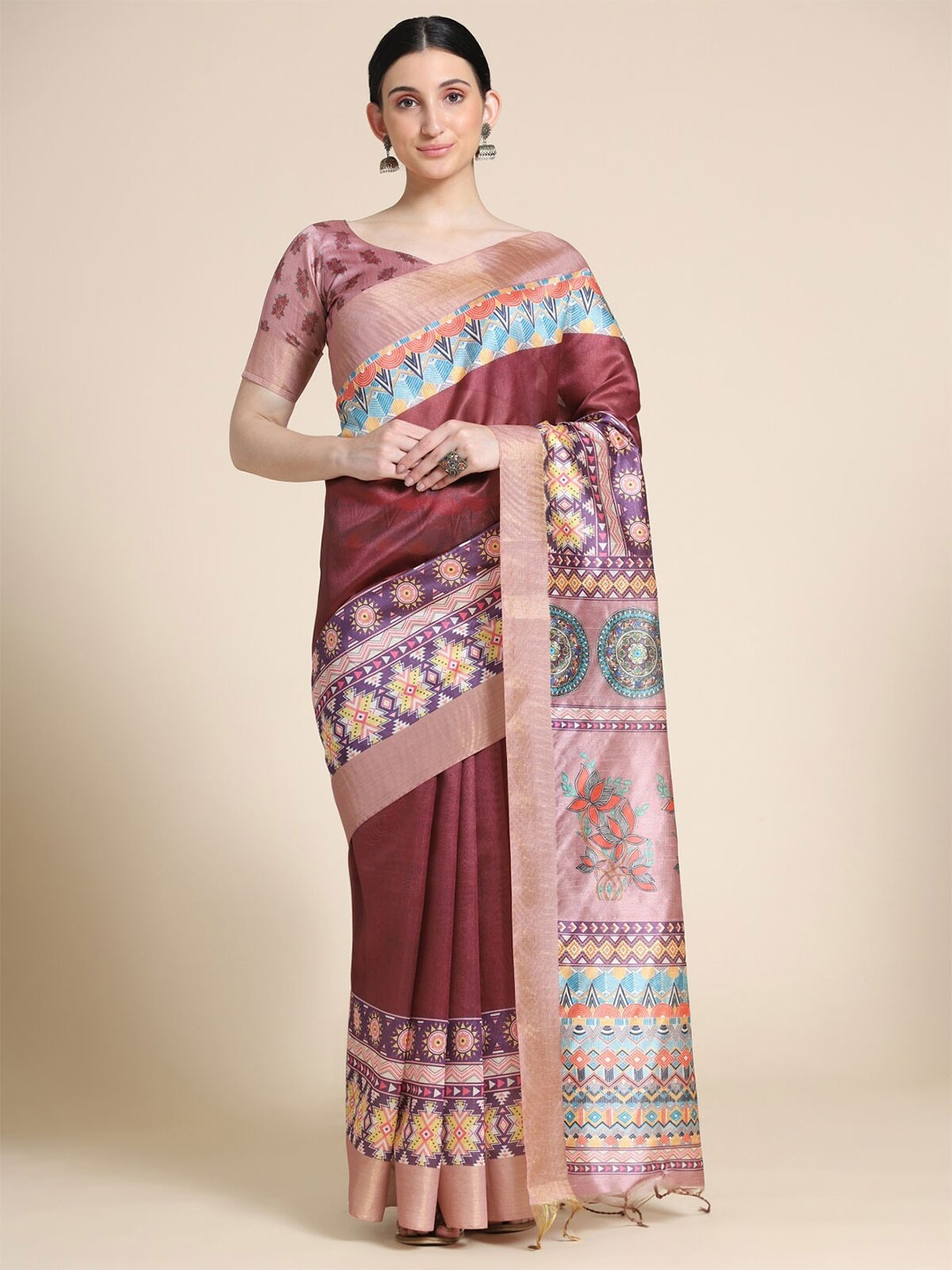 

VISHNU WEAVES Maroon & Blue Zari Silk Blend Tussar Saree