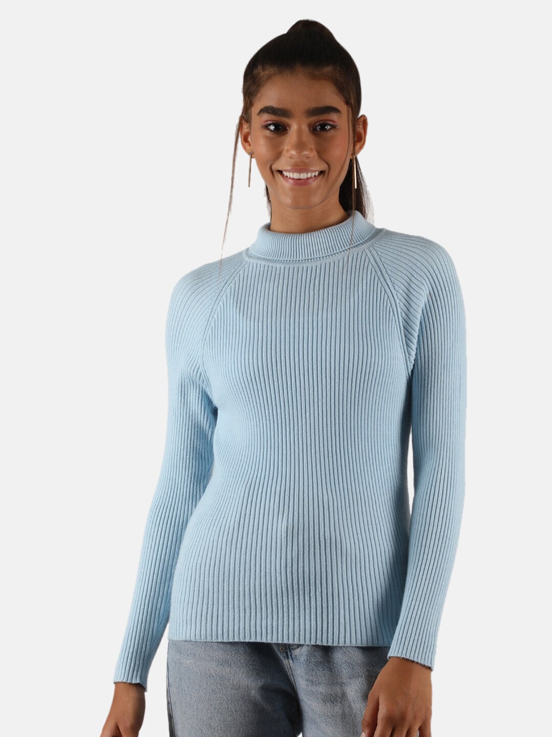 

Monte Carlo Women's Blend Wool Blue Solid High Neck Sceavy Top