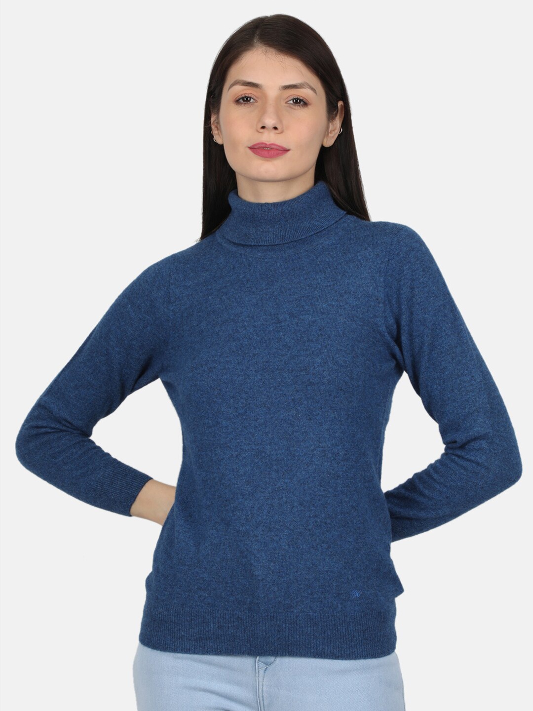 

Monte Carlo Women's Angoora Blue Solid High Neck Sceavy Top