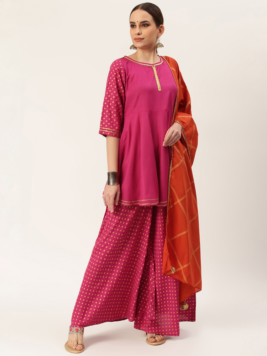 

Rustorange Women Magenta & Gold Printed Rayon Kurta with Sharara & With Dupatta