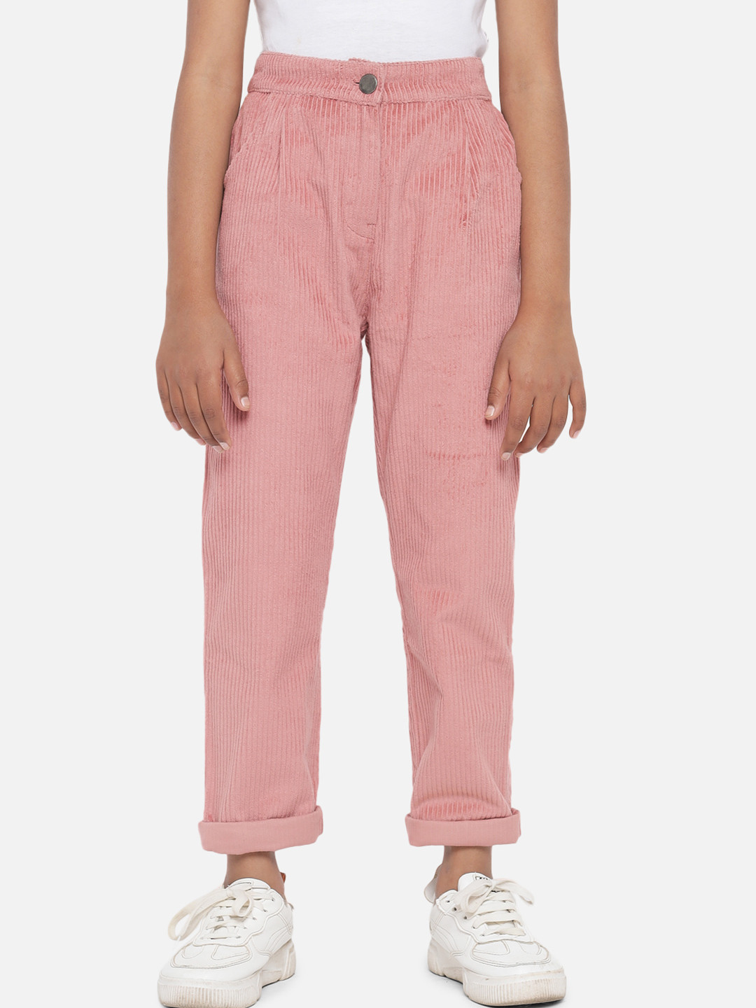 

luyk Girls Pink Relaxed Straight Leg High-Rise Corduroy Pleated Trousers