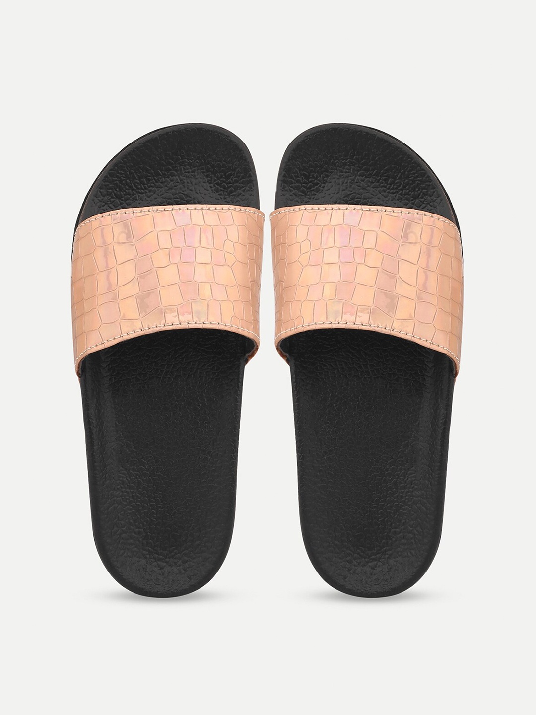 

AMACLASS Women Peach-Coloured & Black Embellished Sliders