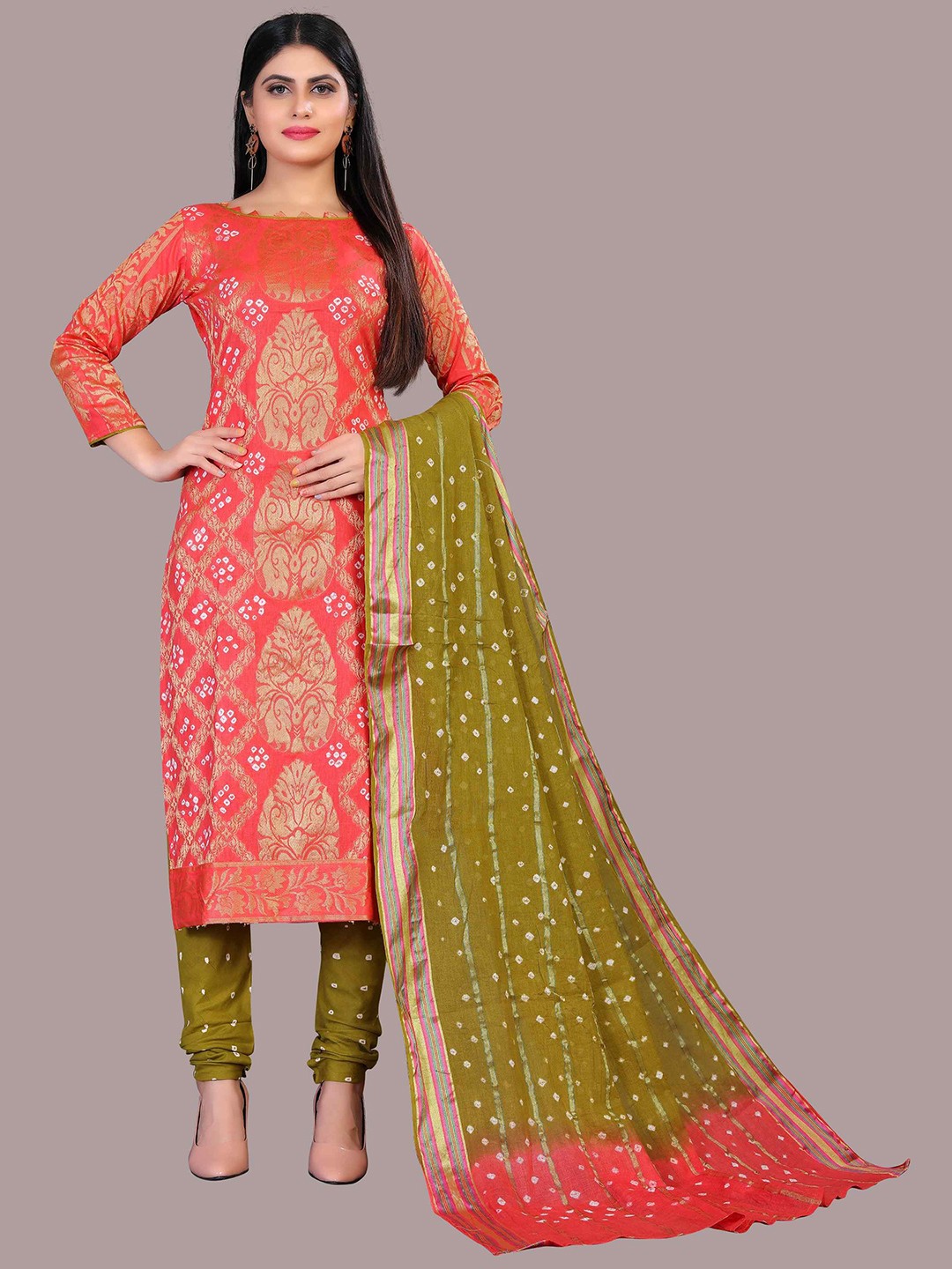 

Divine International Trading Co Peach & Olive Bandhani Dyed Cotton Dress Material