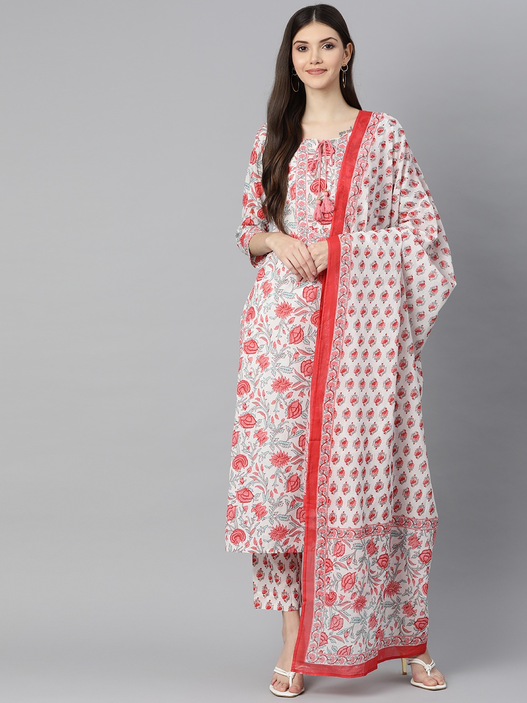 

Divena Women White Floral Printed Pure Cotton Kurta with Trousers & Dupatta