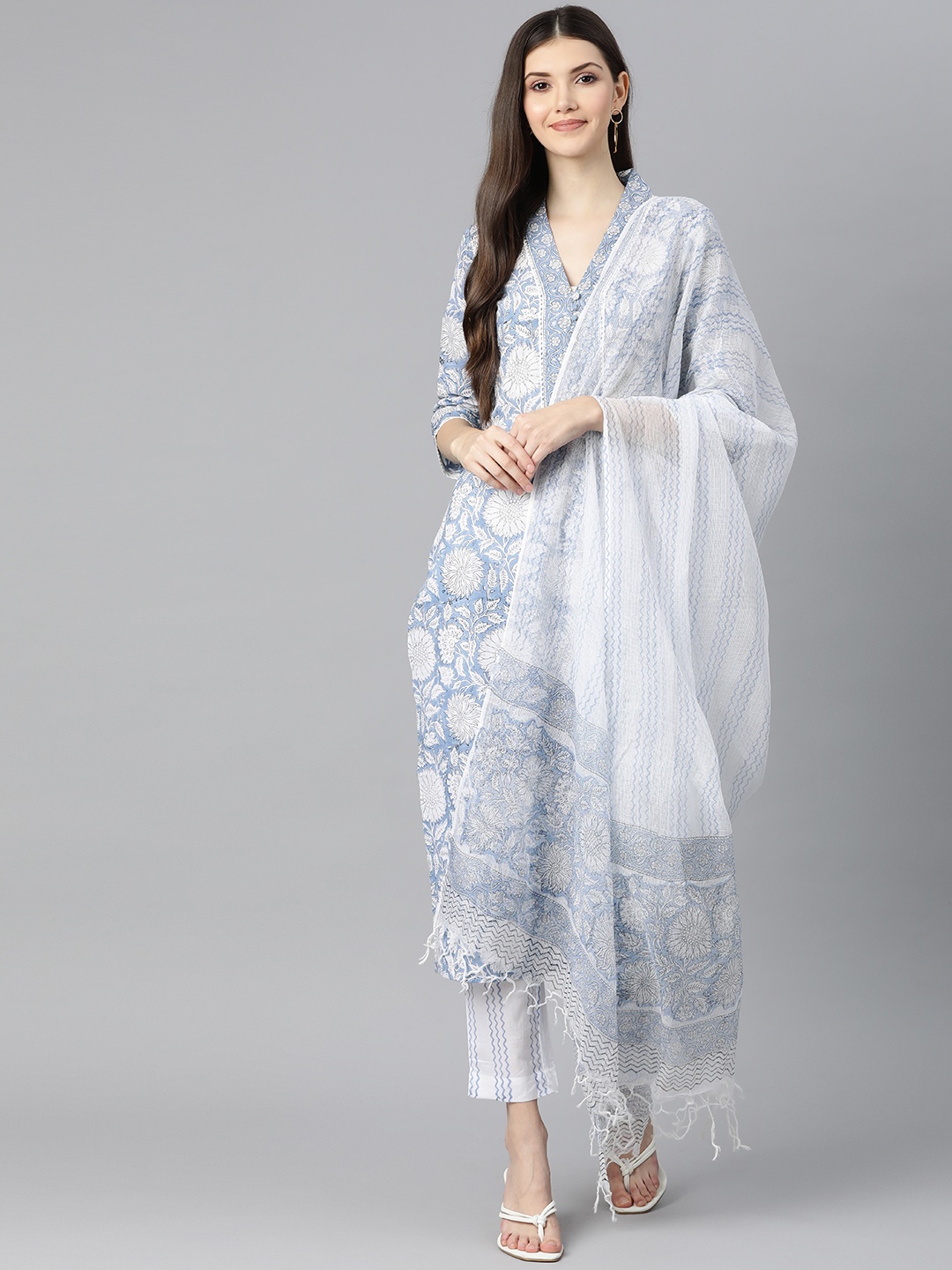 

Divena Women Blue Floral Printed Pure Cotton Kurta with Trousers & With Dupatta