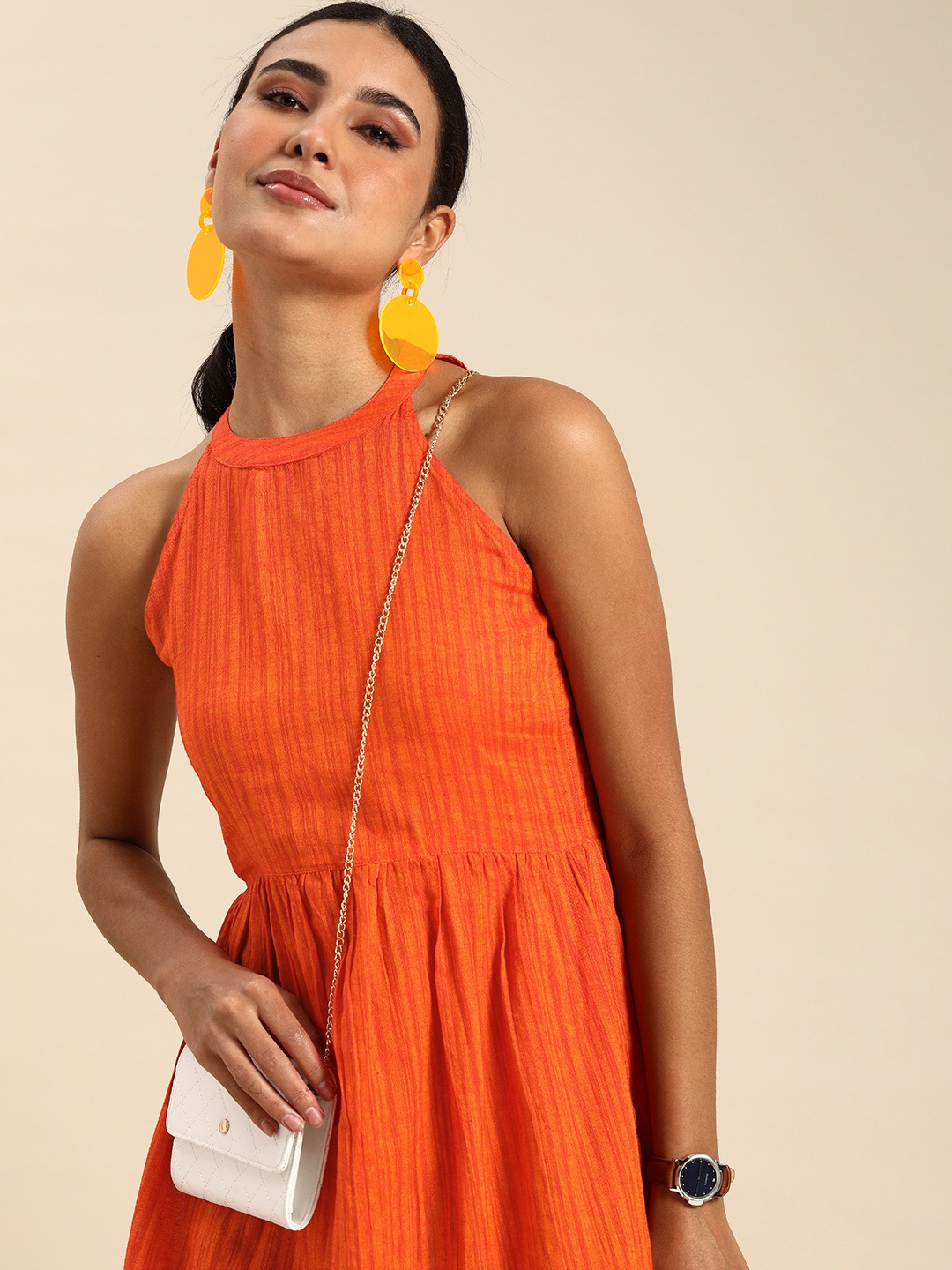 

Anouk Women Orange Striped Halter Neck Pure Cotton Ethnic A-Line Midi Dress