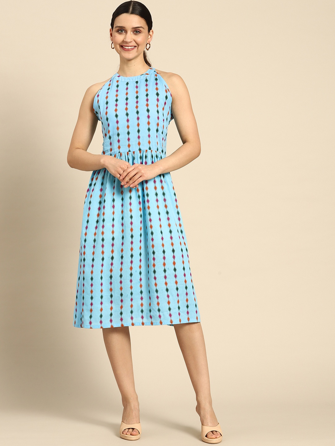 

Anouk Geometric Printed Pure Cotton A-Line Dress, Blue