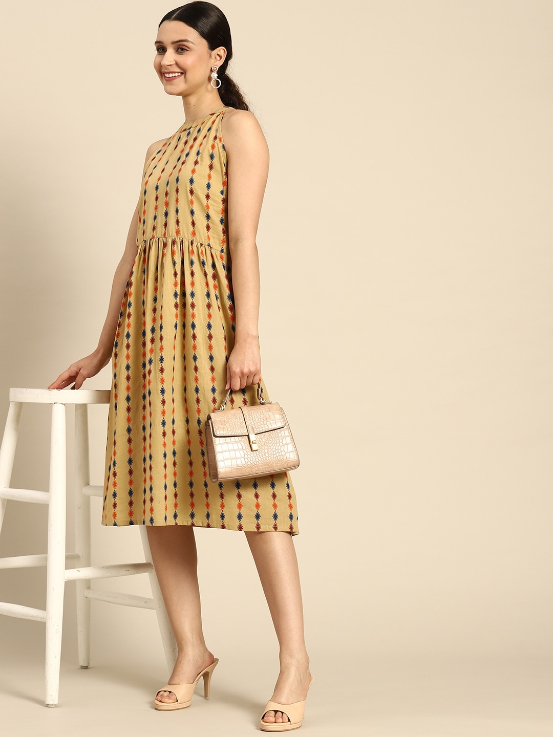 

Anouk Geometric Printed Pure Cotton A-Line Dress, Beige