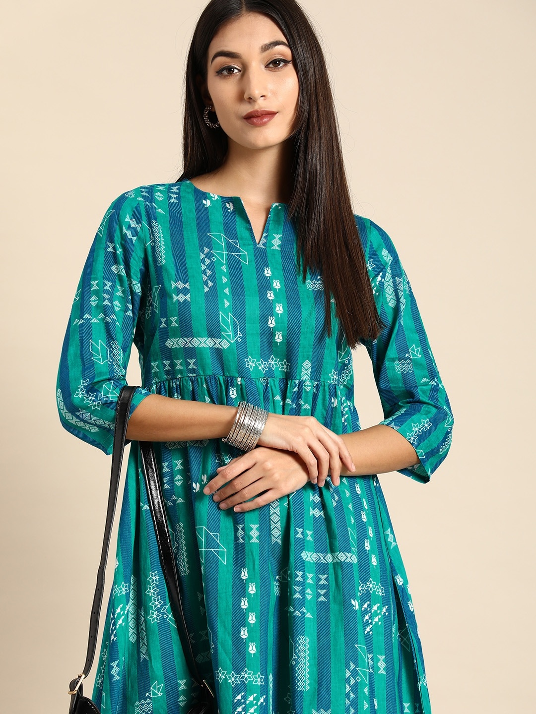

Anouk Women Blue & White Geometric Printed Pure Cotton Fit And Flare Midi Dress
