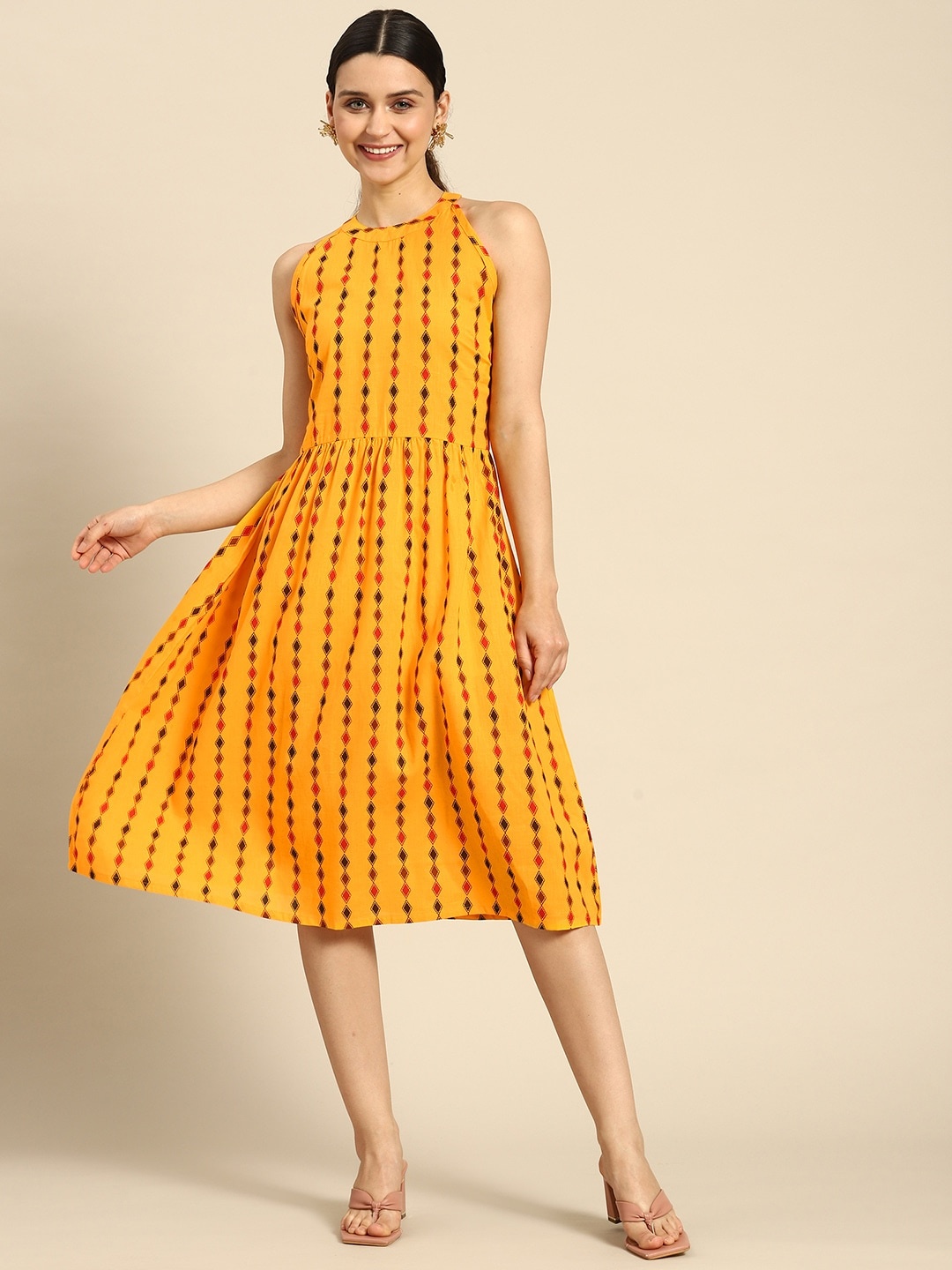 

Anouk Geometric Printed Pure Cotton A-Line Dress, Yellow