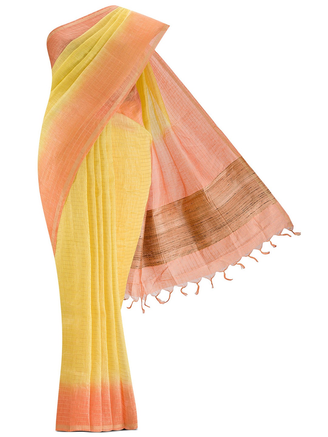 

Nalli Next Yellow & Pink Striped Pure Cotton Saree