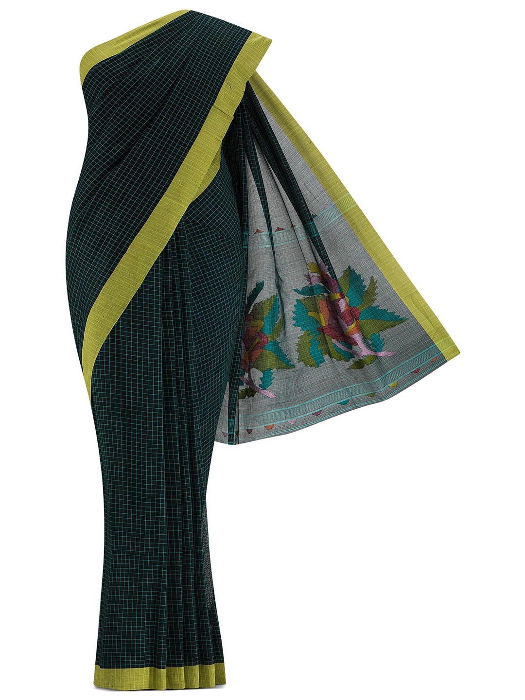 

Nalli Next Black & Green Checked Zari Pure Cotton Tussar Saree