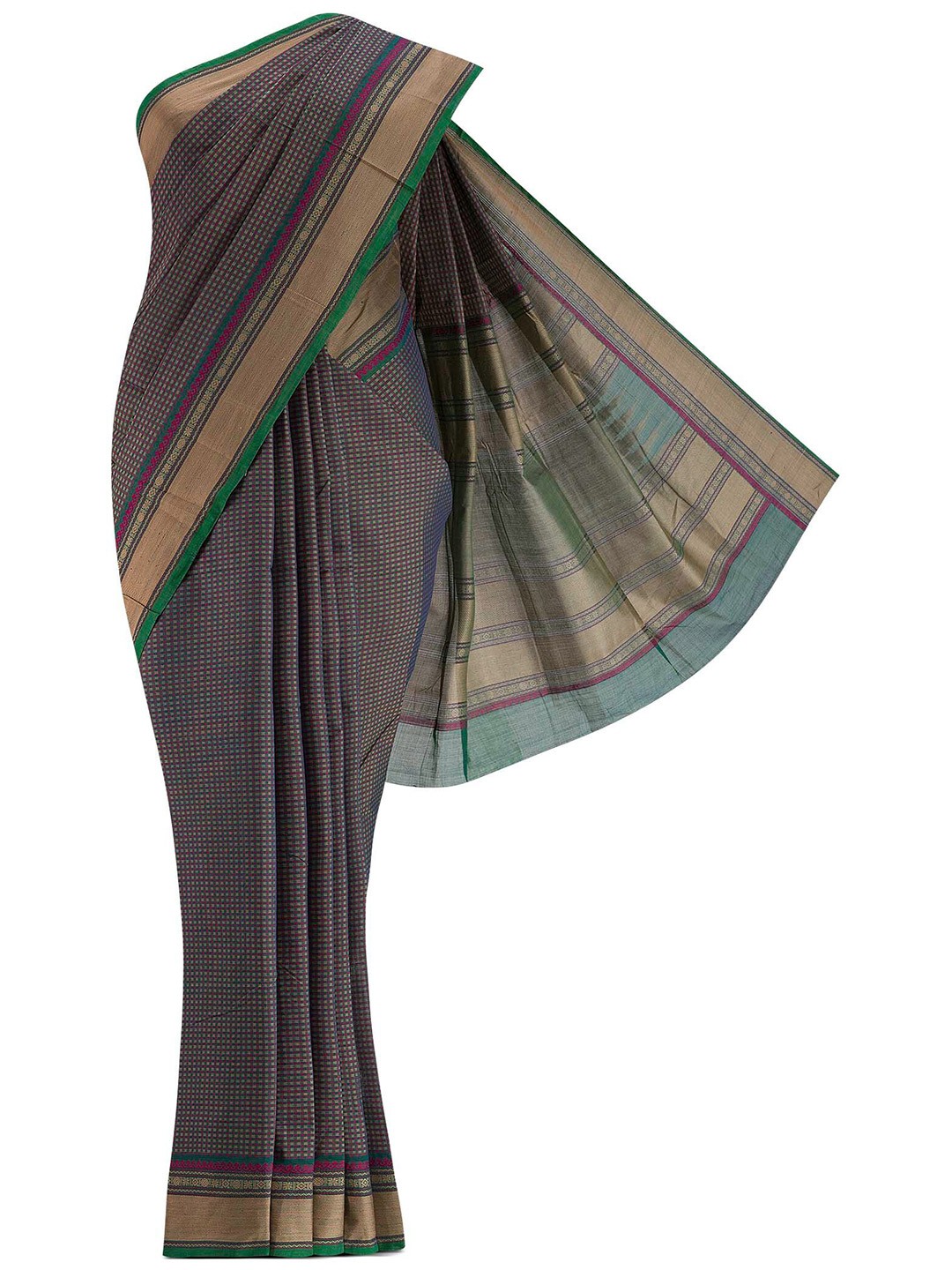 

Nalli Next Blue & Rust Mysore Silk Saree, Grey