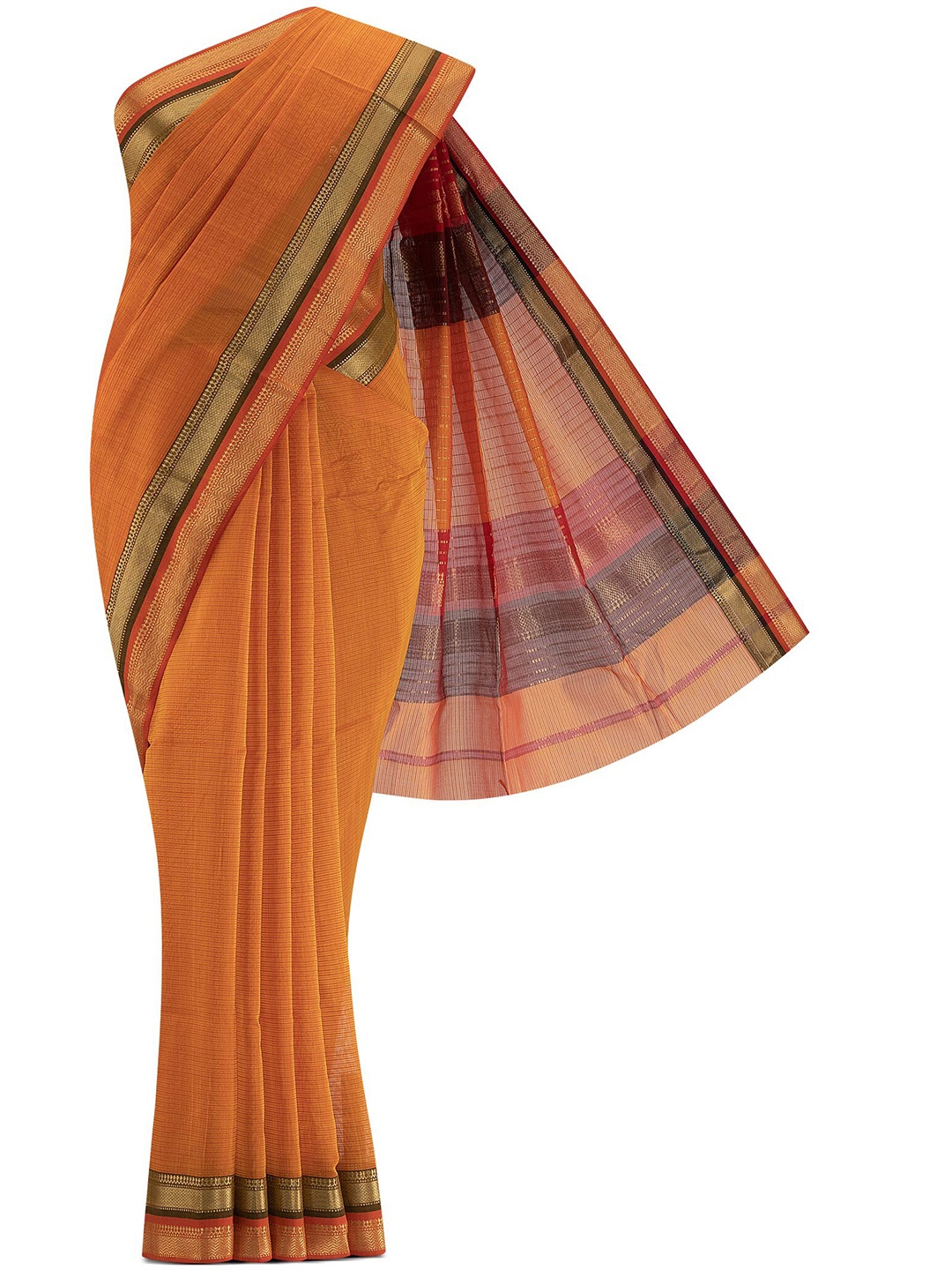 

Nalli Next Orange & Green Striped Zari Silk Cotton Saree