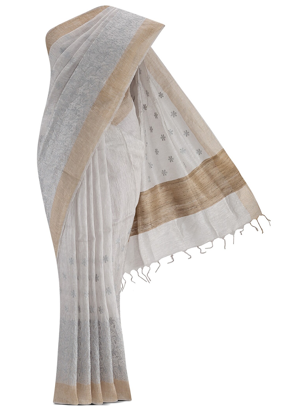 

Nalli Next Grey & Beige Embroidered Linen Blend Saree