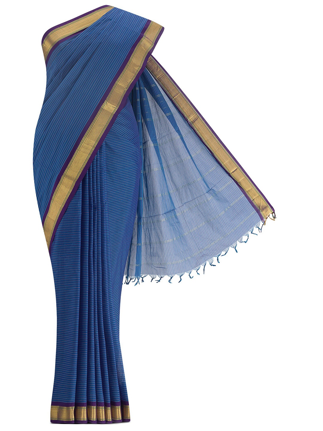 

Nalli Next Blue & Gold-Toned Striped Zari Pure Cotton Saree