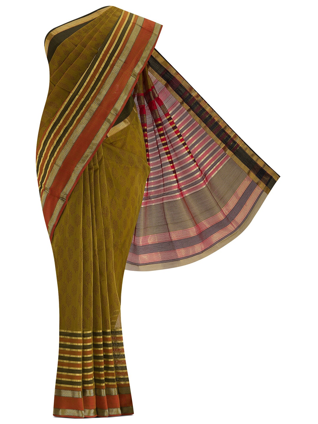 

Nalli Next Green & Brown Striped Zari Silk Cotton Saree
