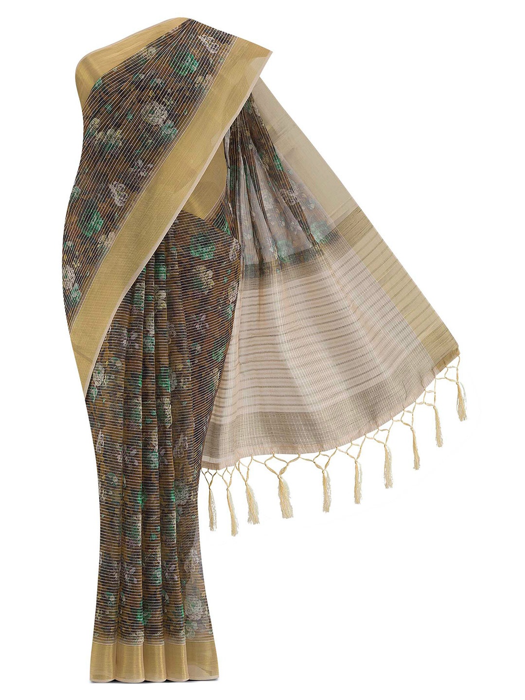 

Nalli Next Brown & Gold-Toned Floral Zari Organza Saree