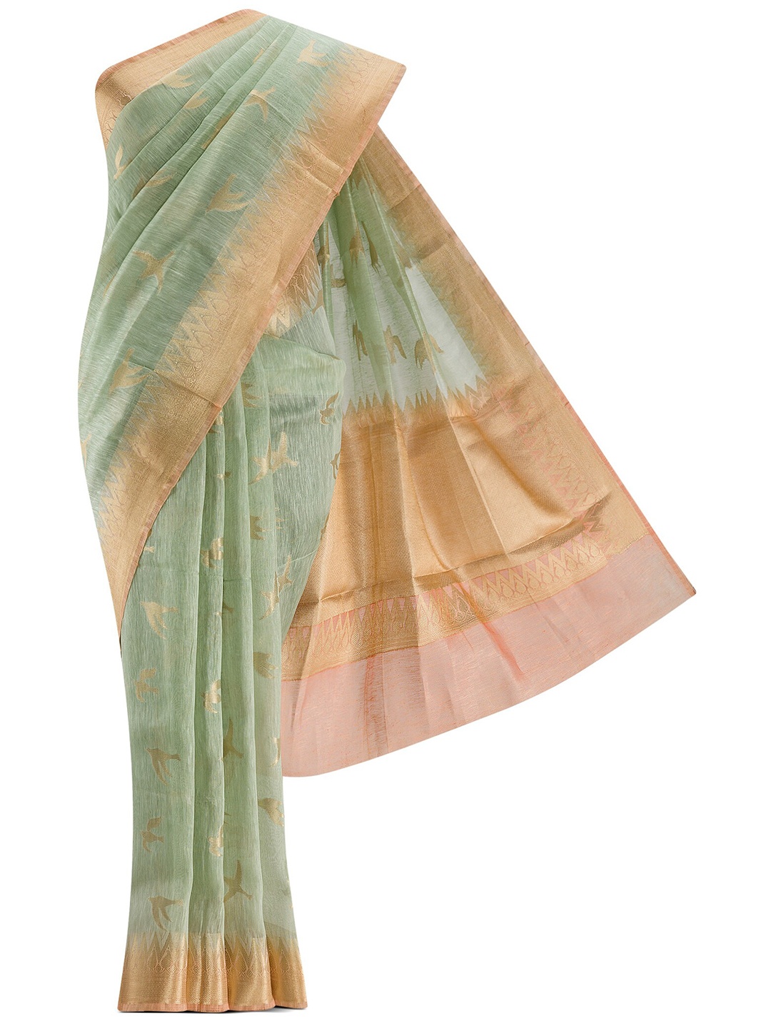 

Nalli Next Green & Gold-Toned Woven Design Zari Linen Blend Saree