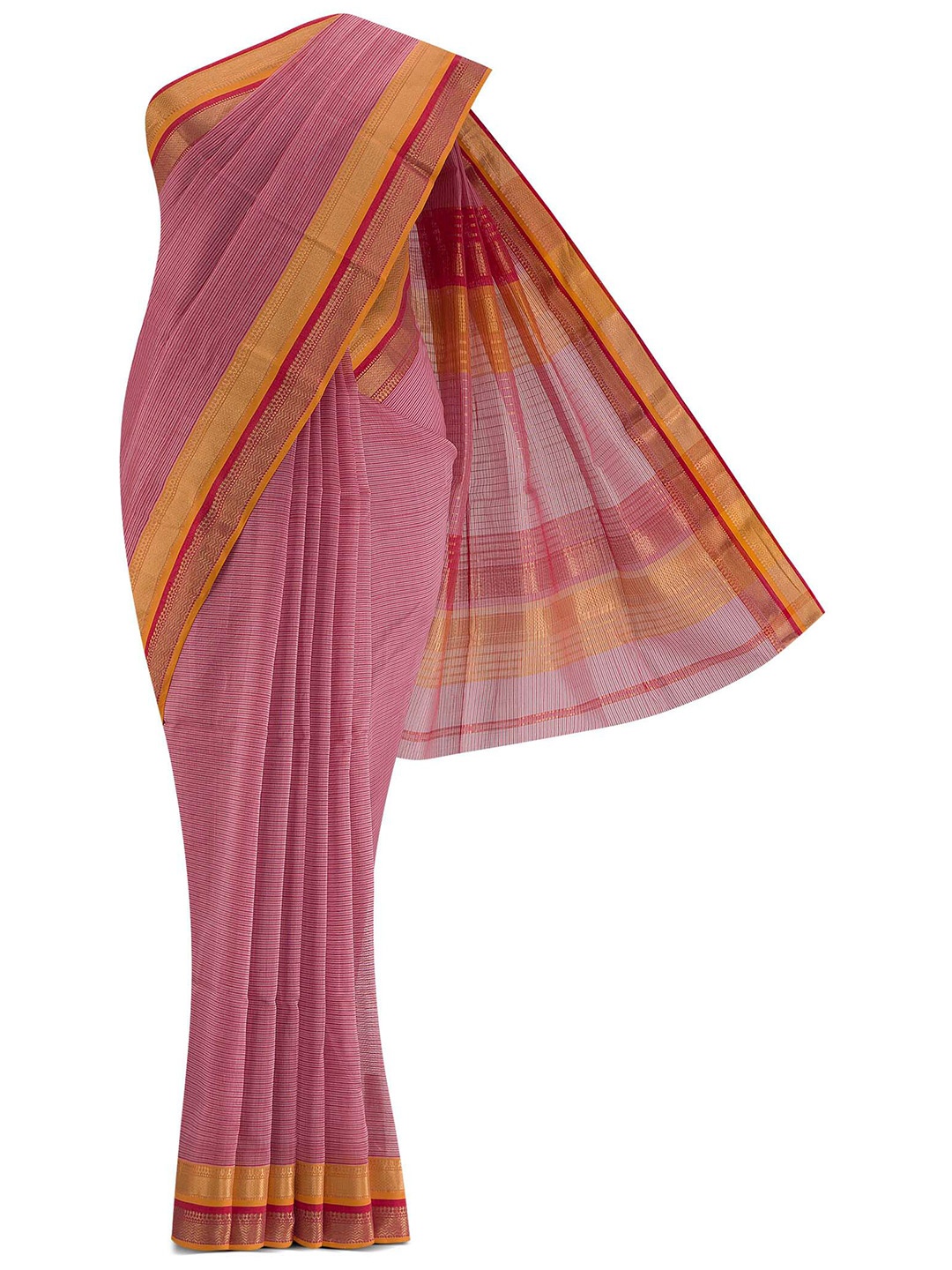

Nalli Next Pink & Mustard Striped Silk Cotton Saree