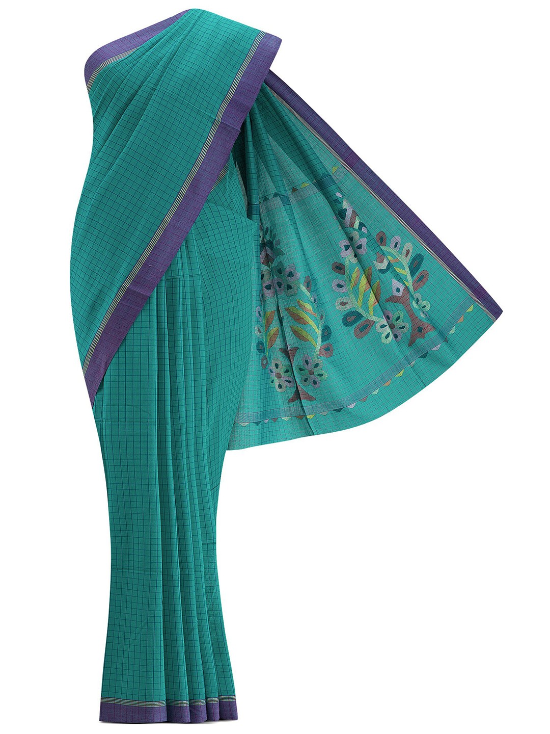 

Nalli Next Women Green & Purple Checked Pure Cotton Saree