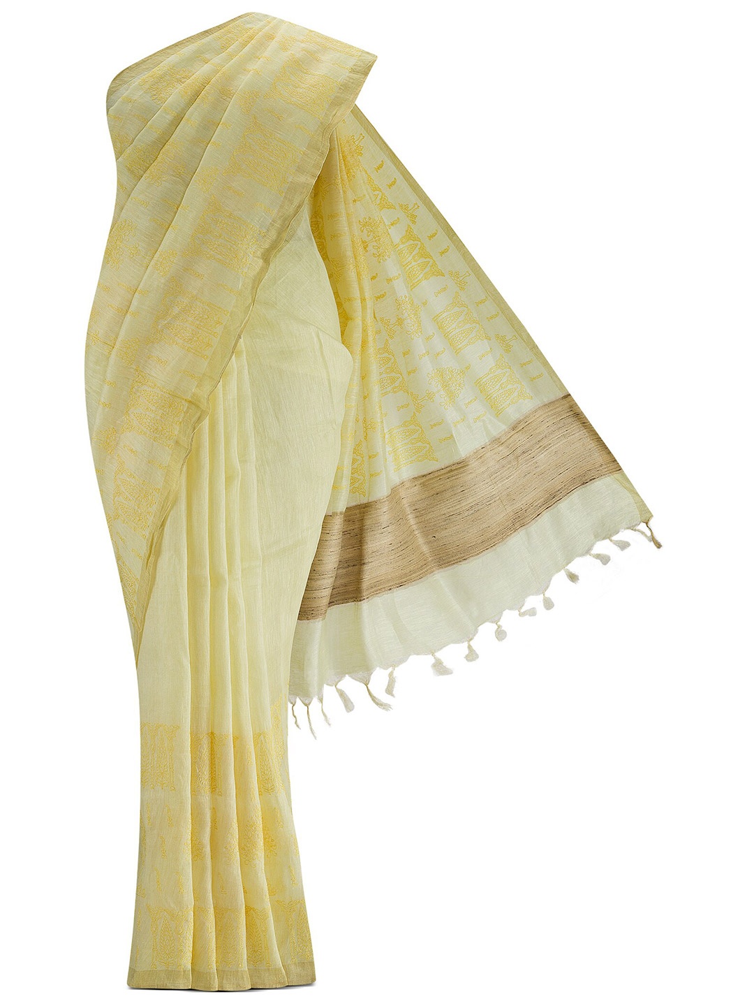 

Nalli Next Yellow & Cream-Coloured Embellished Linen Blend Saree
