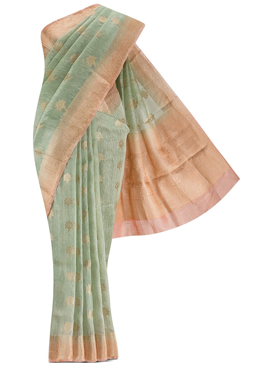 

Nalli Next Green & Peach-Coloured Woven Design Linen Blend Saree
