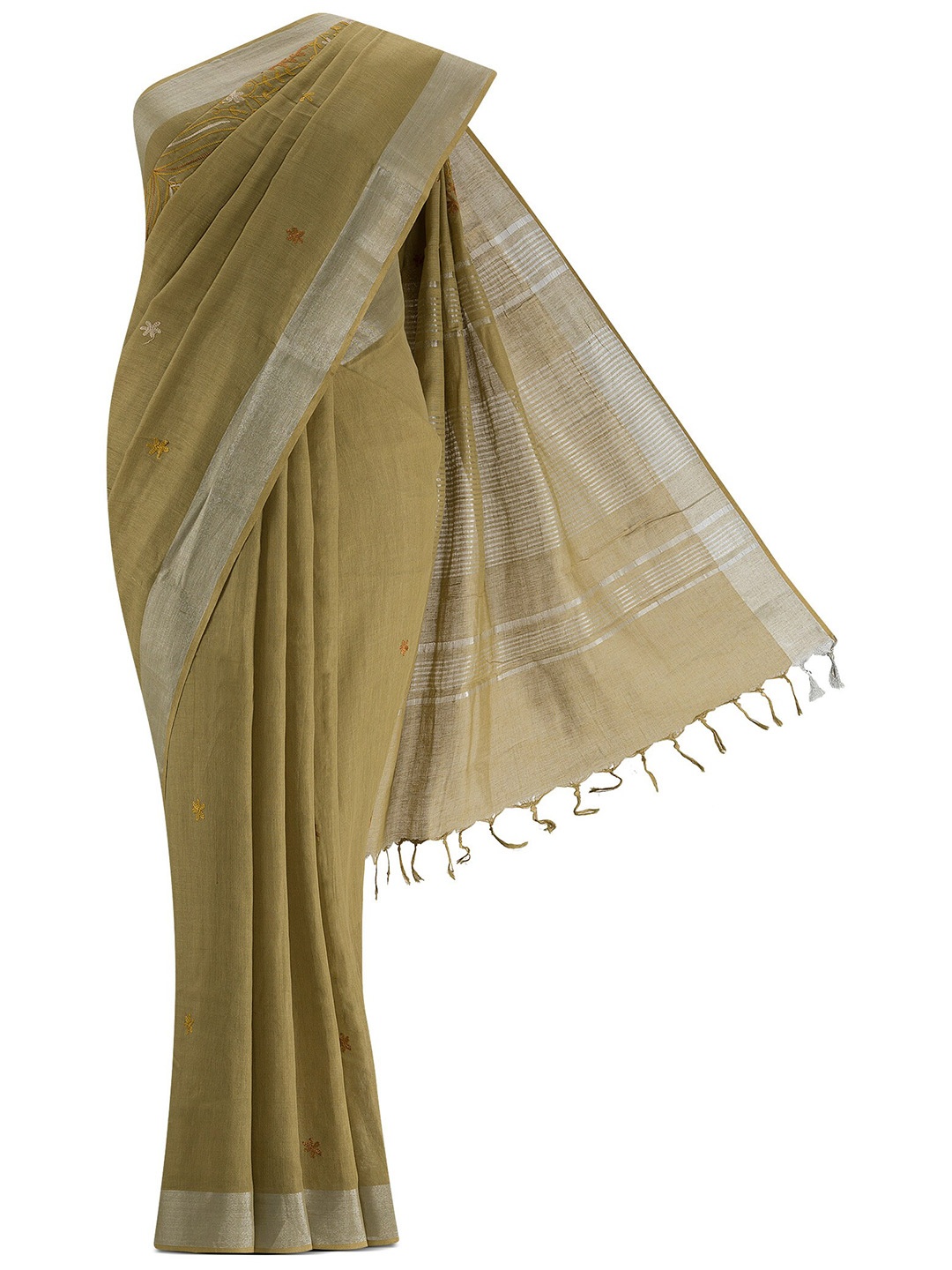 

Nalli Next Green & Grey Striped Pure Cotton Saree