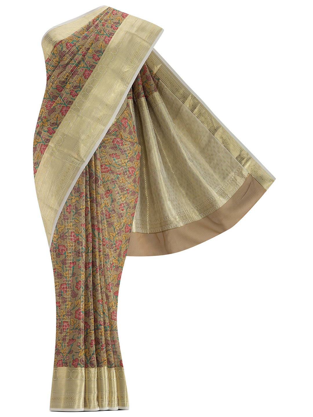 

Nalli Silk Sarees Brown & Yellow Floral Zari Pure Cotton Mysore Silk Saree