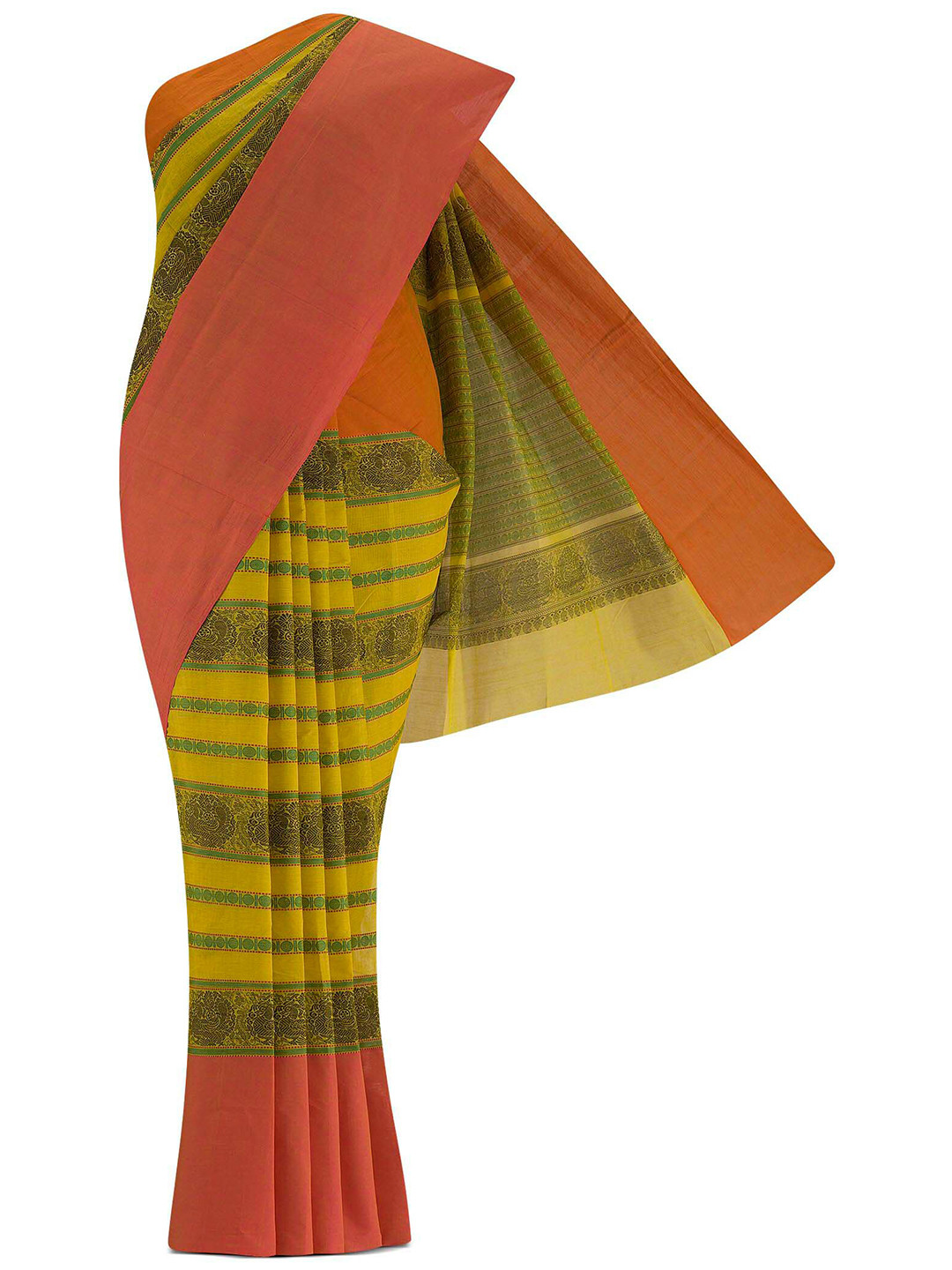 

Nalli Next Yellow & Green Striped Pure Cotton Saree