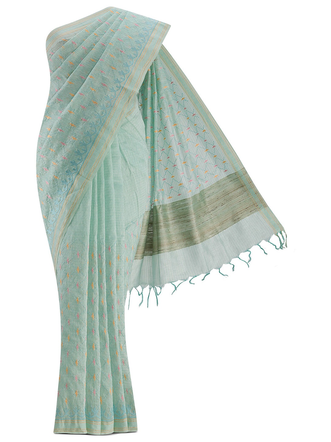 

Nalli Next Green & Orange Zari Linen Blend Saree