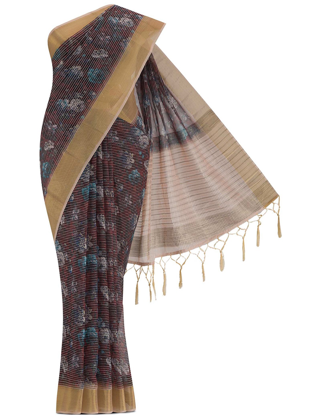 

Nalli Next Brown & Blue Floral Zari Organza Saree