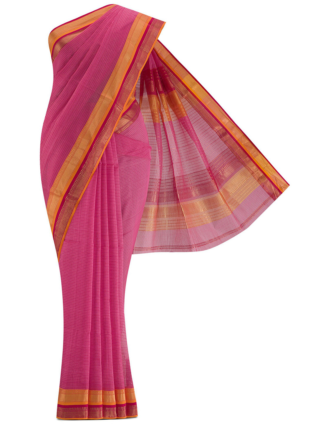

Nalli Next Pink & Gold-Toned Striped Zari Silk Cotton Saree