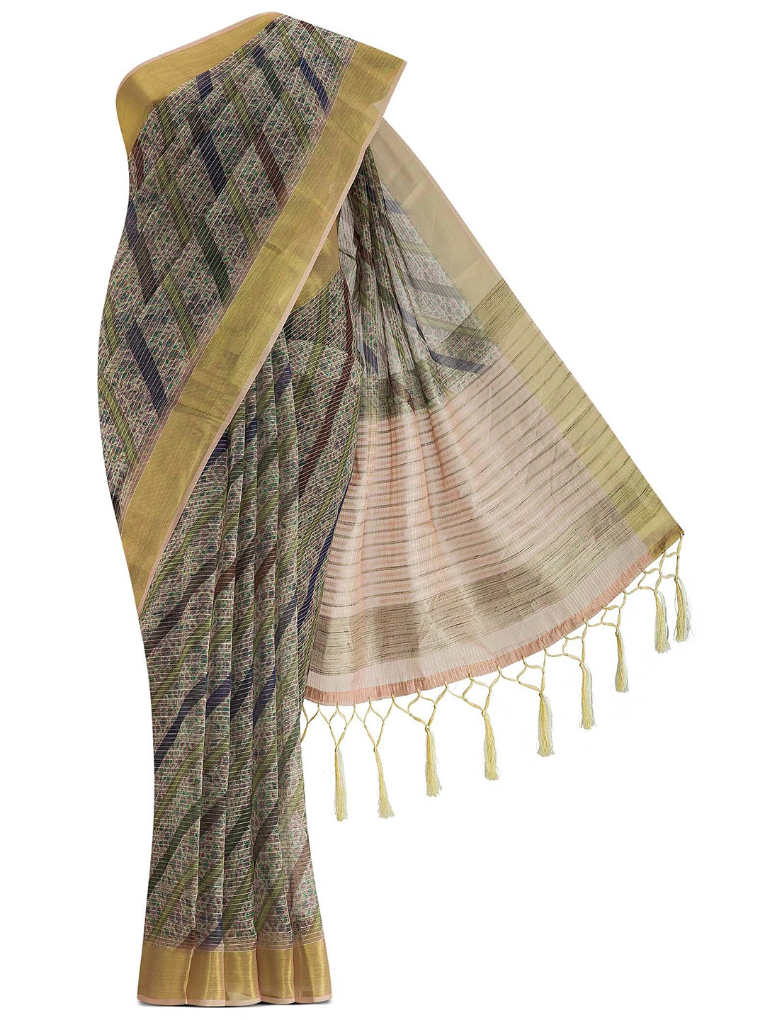 

Nalli Next Green & Gold-Toned Floral Zari Organza Saree