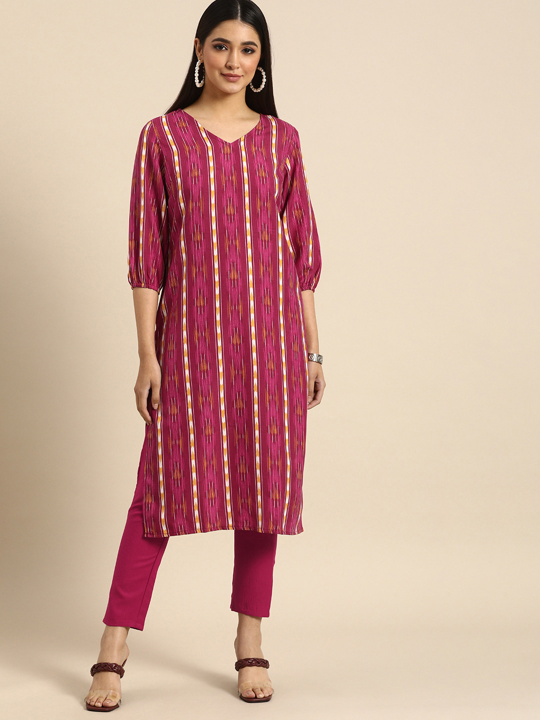 

Anouk Women Magenta Pink & Yellow Abstract Striped Printed Kurta with Trousers