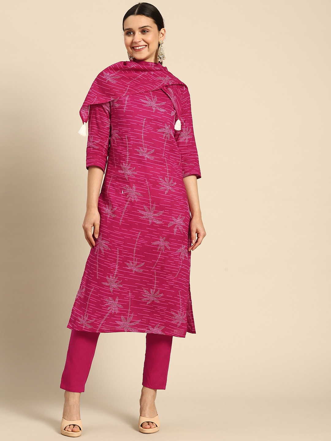 

Anouk Women Pink Ethnic Motifs Printed Pure Cotton Kurta with Trousers