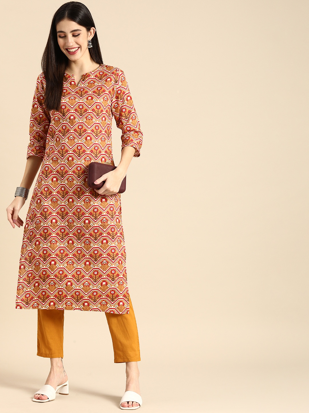 

Anouk Women Orange & Red Ethnic Motifs Printed Pure Cotton Kurta with Trousers