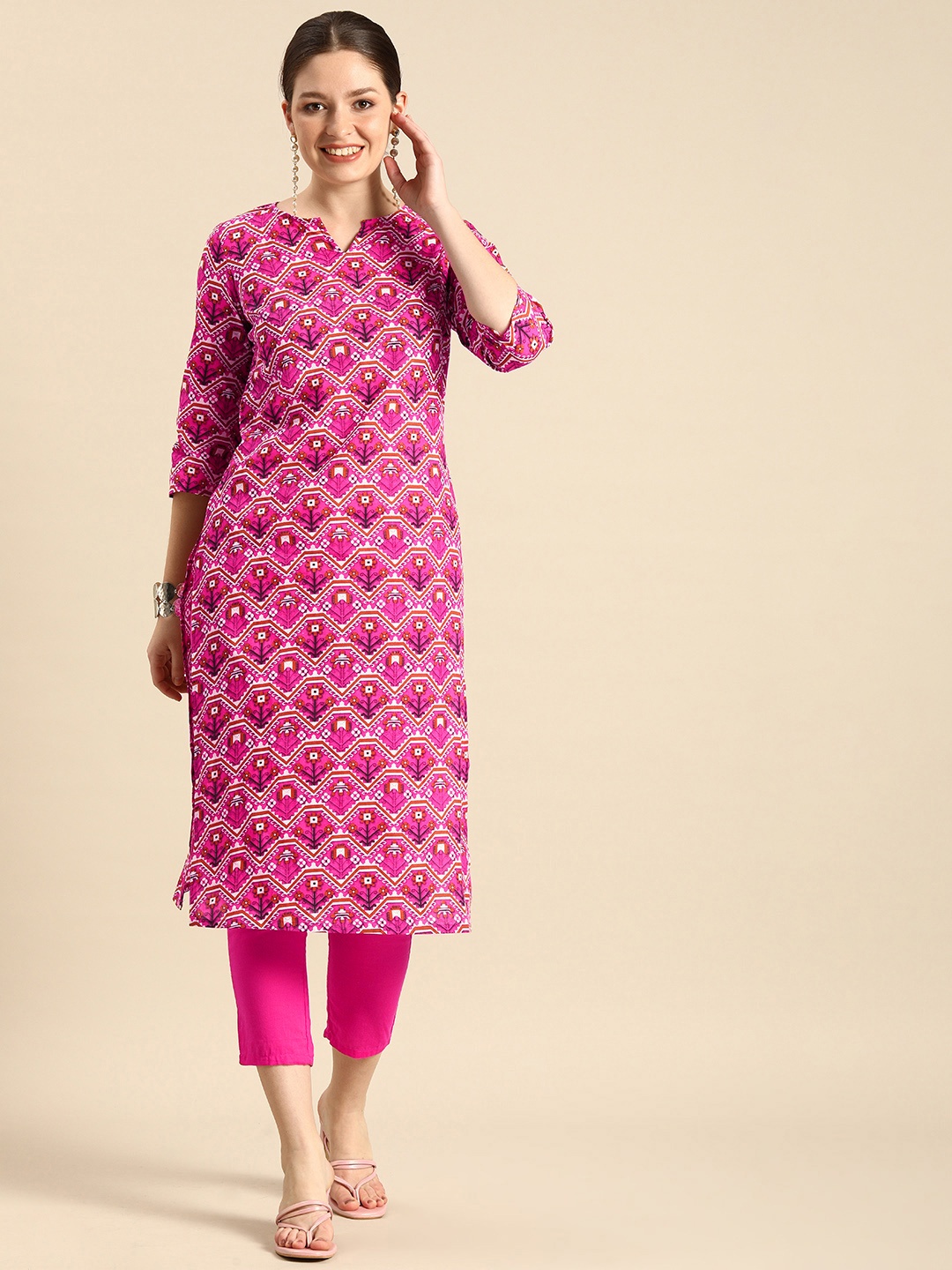 

Anouk Women Pink & Floral Printed Pure Cotton Kurta with Trousers