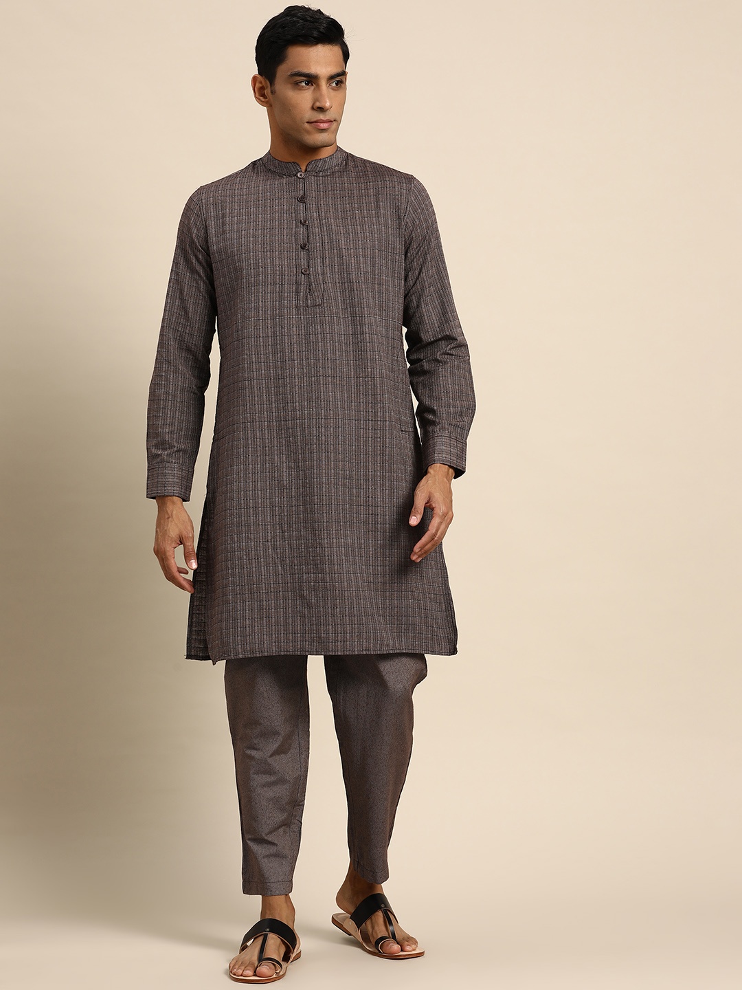 

Anouk Men Brown & Black Self-Checked Kurta with Trousers